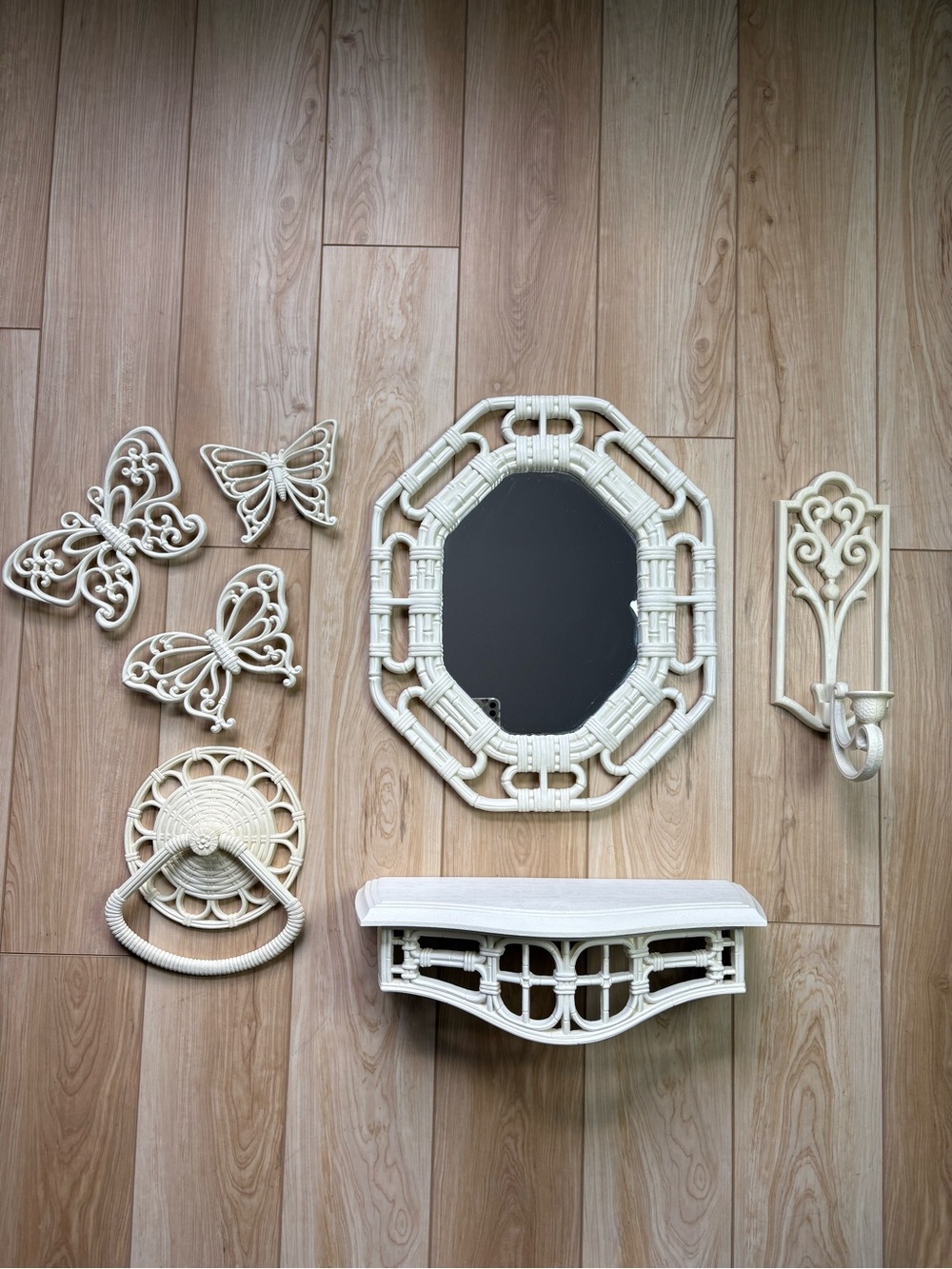 Vintage decor boho bamboo wicker mirror butterflies shelf towel & candle holder
